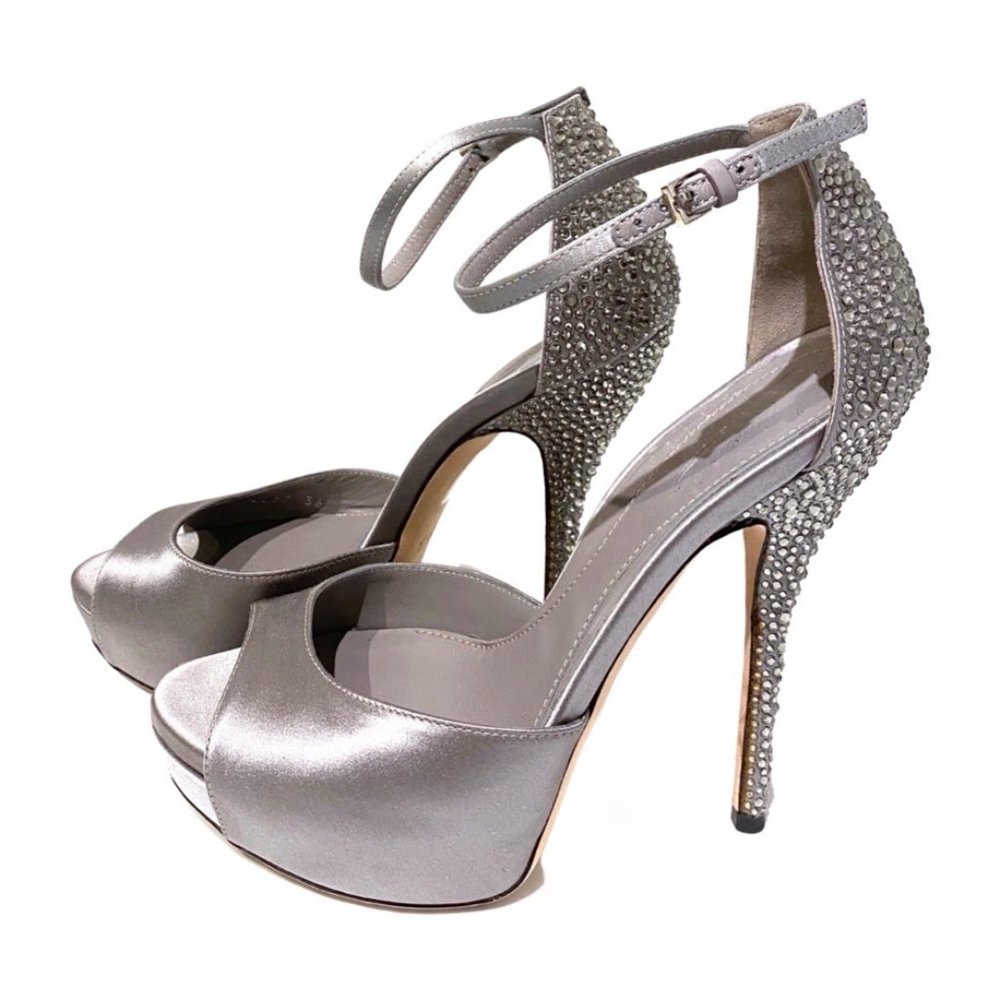 Gucci Grey Satin Crystal Embellished Sandals Size 36